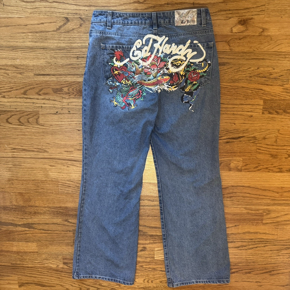Ed Hardy Womens 30 Baggy Jeans Denim Painted Tattoo Graphic Tiger Koi Snake Y2K - Picture 12 of 16